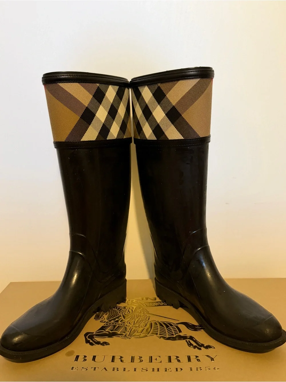 Burberry Black Rain Boots with Signature House Check Cuff